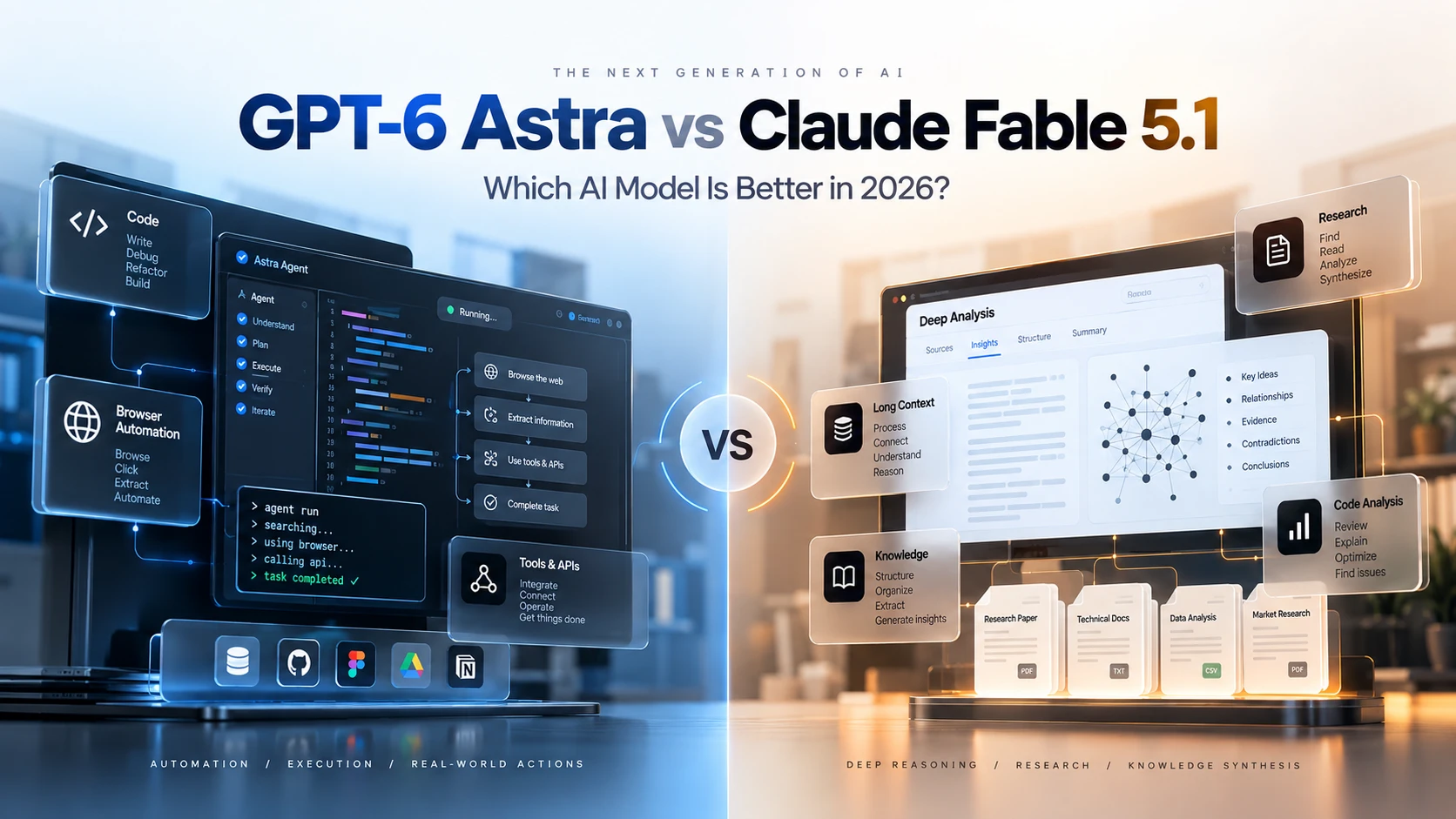 GPT-6 Astra vs Claude Fable 5.1 comparison showing coding, AI agents, reasoning, context window, performance, and pricing