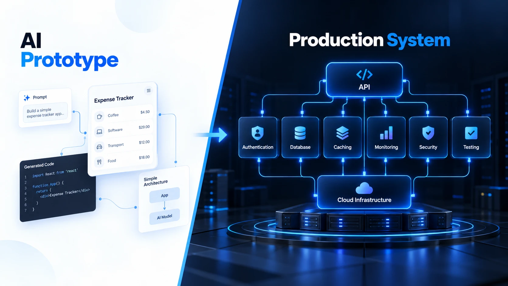 AI-generated application evolving from a prototype into secure, scalable, production-ready software architecture