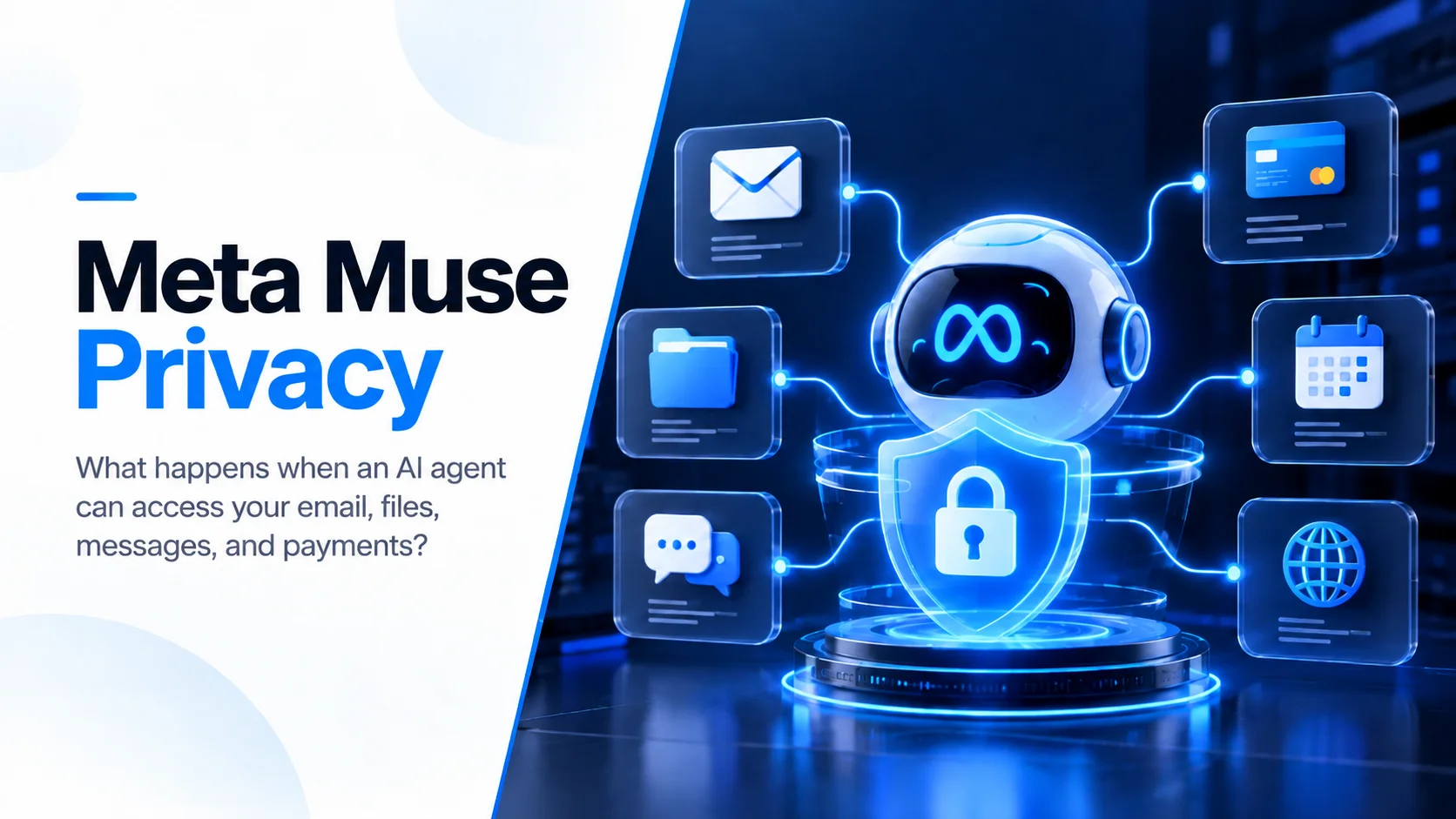 Illustration explaining Meta Muse privacy, showing an AI agent connected to email, files, messages and payments behind permission and security controls.