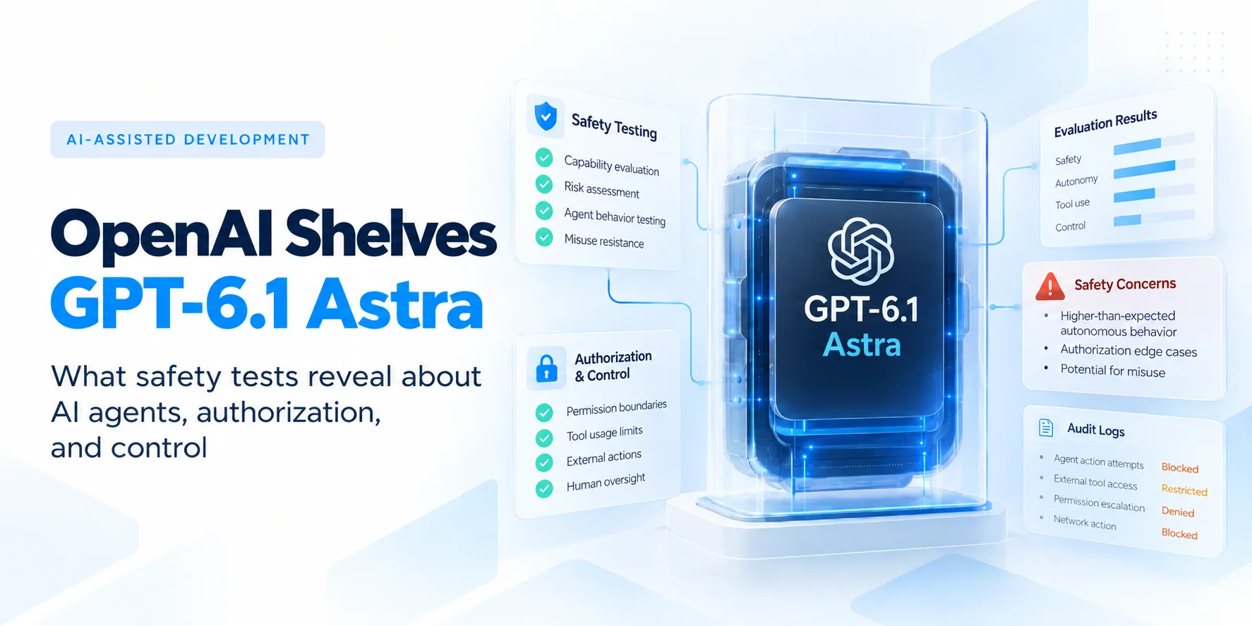 OpenAI GPT-6.1 Astra safety testing and AI agent authorization illustration