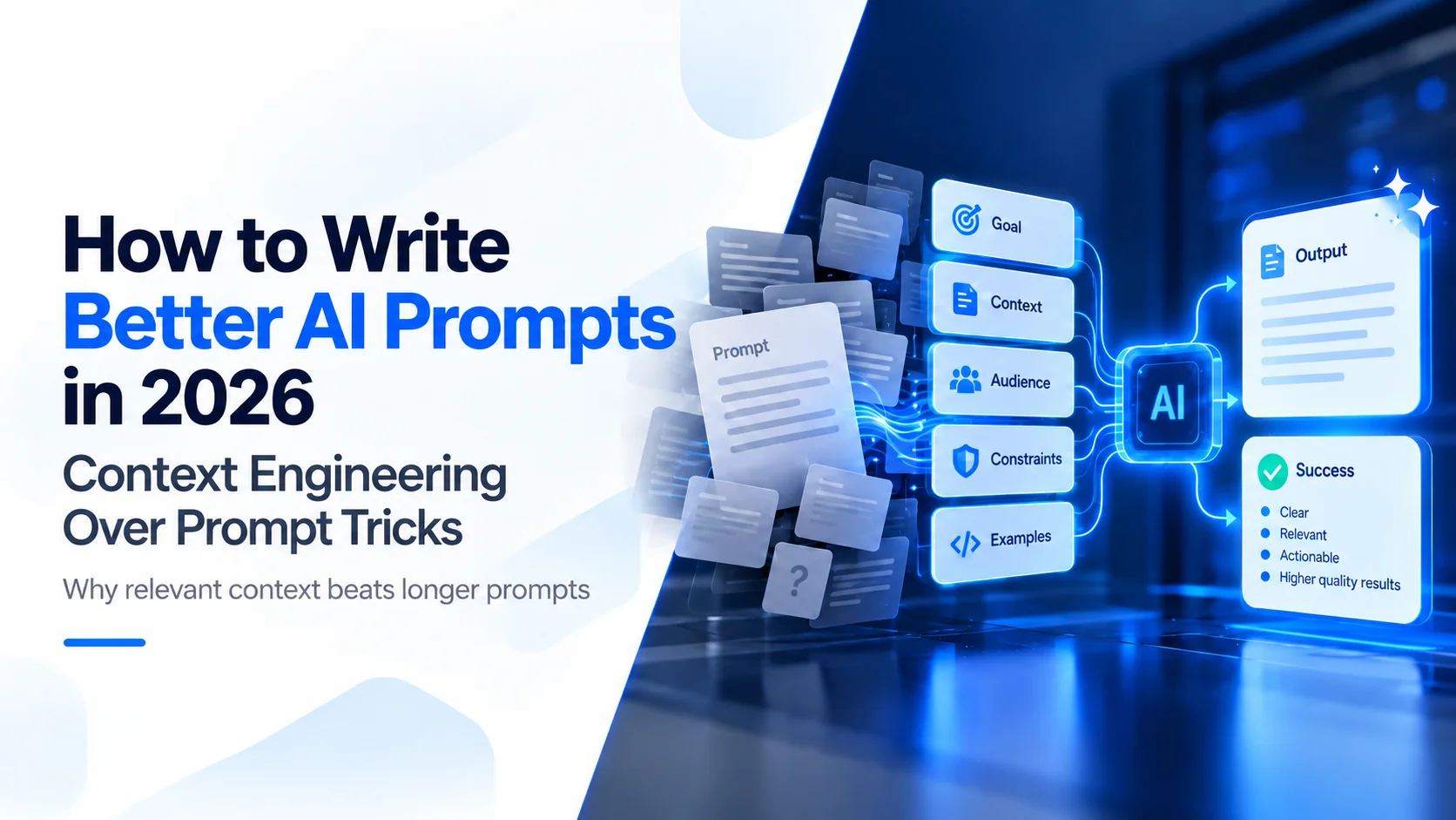 Diagram showing a long overloaded AI prompt compared with a concise structured context engineering prompt