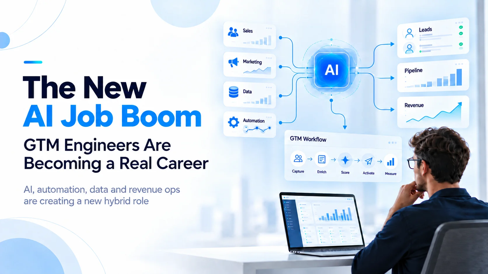 GTM engineer connecting AI, CRM, sales automation, data and revenue systems in a modern go-to-market technology stack.