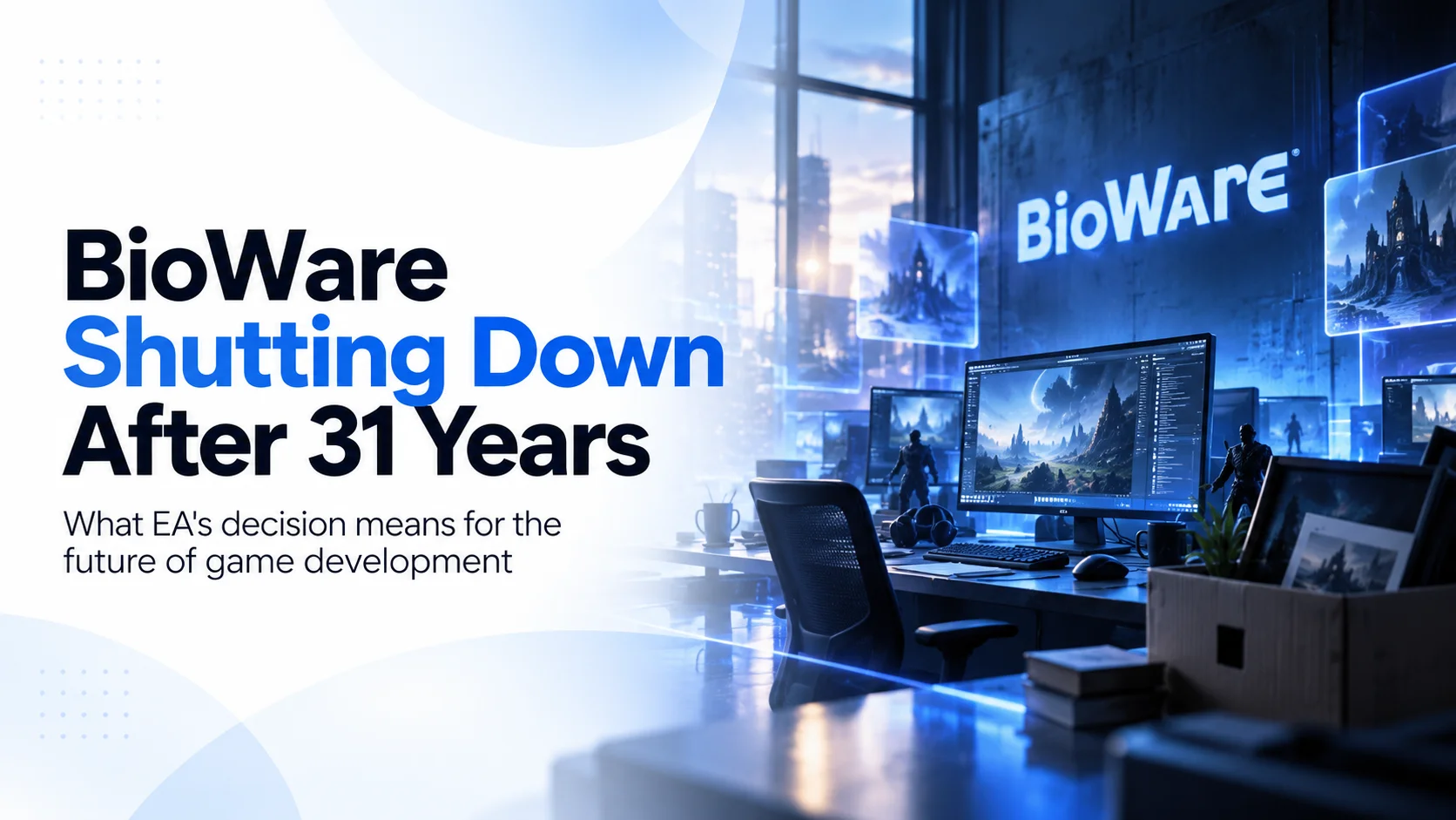 BioWare logo with the headline "BioWare Shutting Down After 31 Years" over a futuristic game studio workspace