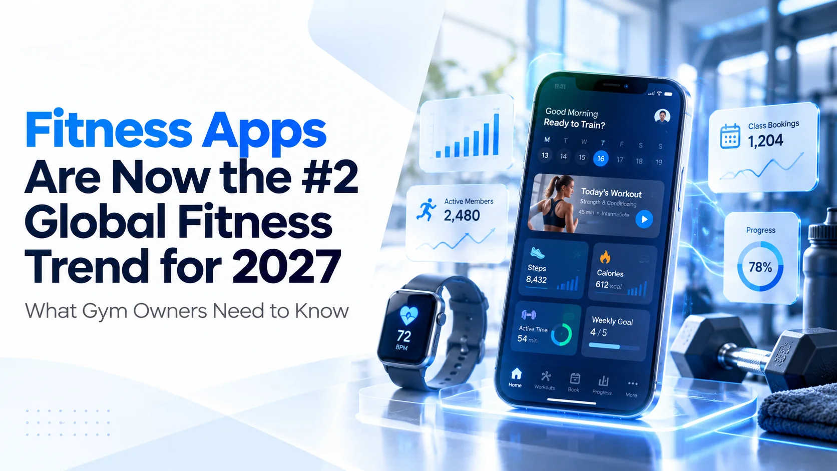 Gym member using a fitness app on a smartphone to book classes and track workout progress
