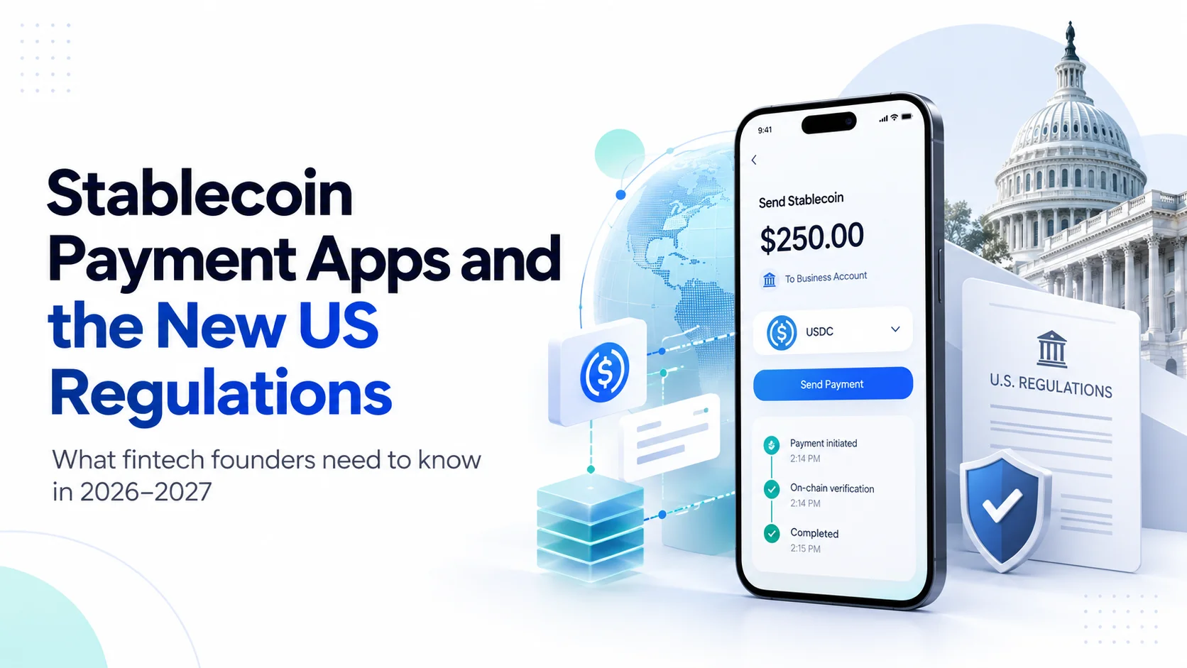 Stablecoin payment apps and US regulations, illustrated with a digital payment dashboard, USDC transaction, and GENIUS Act compliance details.