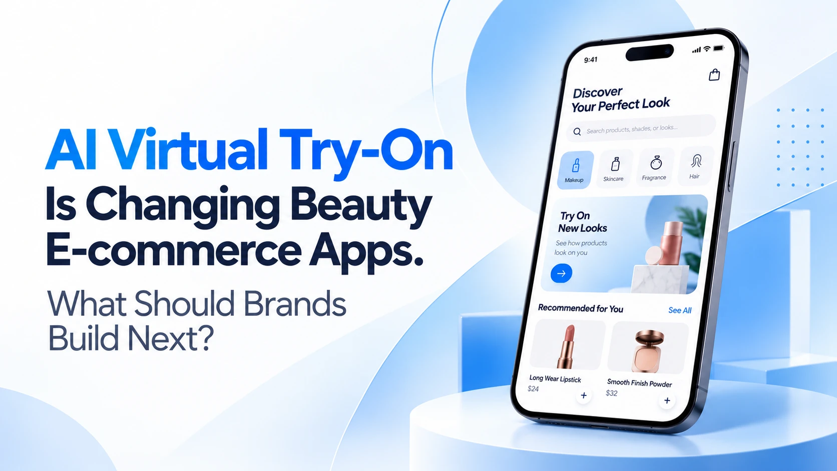 Beauty e-commerce mobile app featuring AI virtual makeup try-on, personalized shade matching and an interactive beauty shopping interface