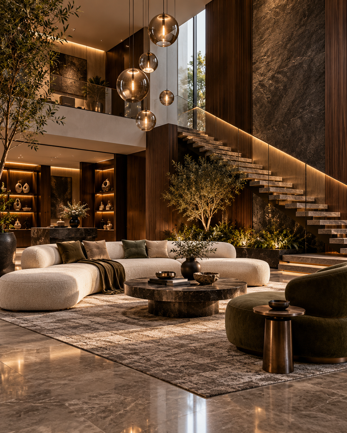 Warm luxury bedroom interior with layered materials