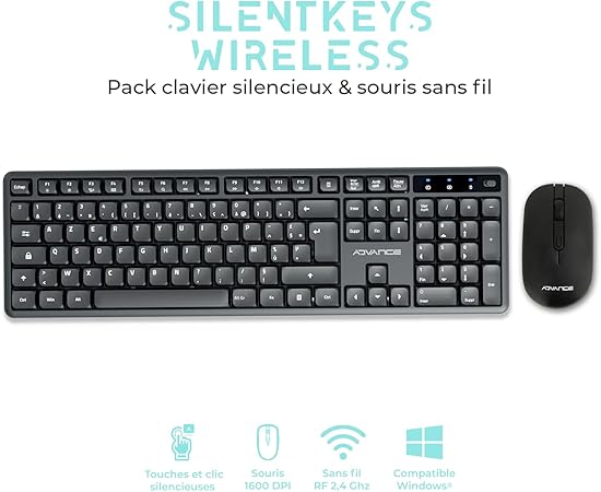 SilentKeys, Pack Clavier Souris sans Fil Silencieux pour PC et Mac, Clavier AZERTY 105 Touches, 12 Raccourcis Multimédias, Hauteur Réglable, Souris 1600 DPI, Dongle USB, Noir