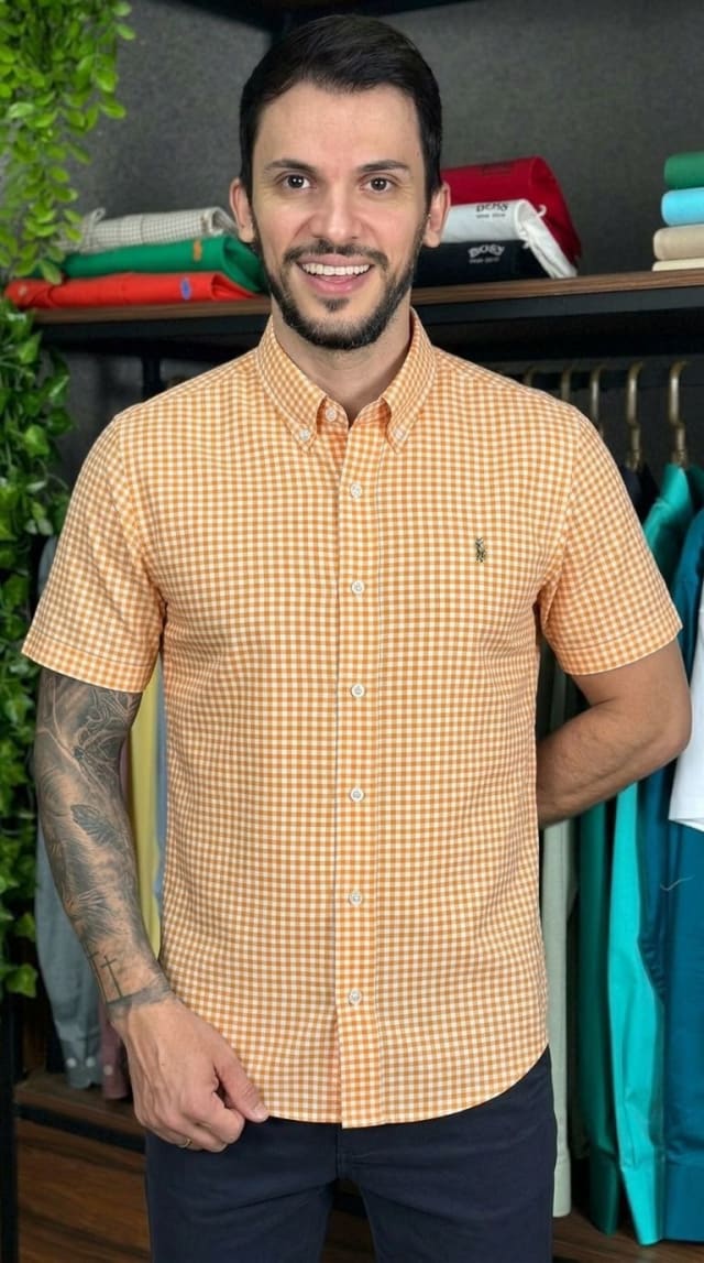 Camisa Masculina Gingham Xadrez Curta Polo