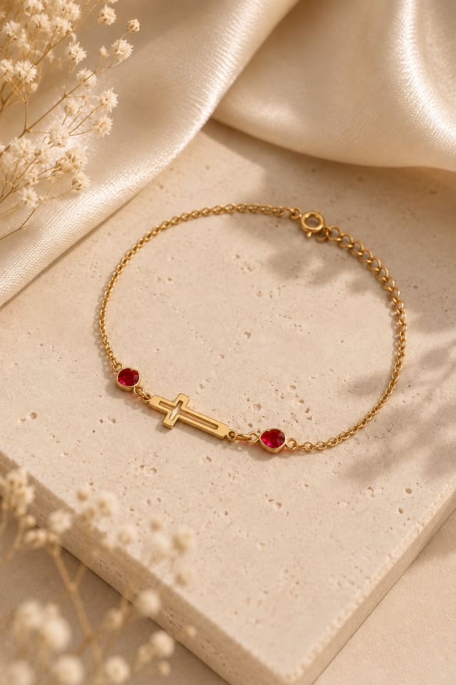 Pulseira Corrente com Cruz e Pedras Vermelhas