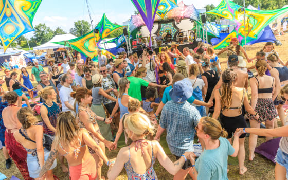 Teilnehmer des 5 Elements Festivals feiern gemeinsam ausgelassen