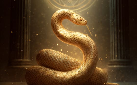 Eine goldene Schlange symbolisiert die Kundalini-Energie hinter ihr erstrahlt die Blume des Lebens