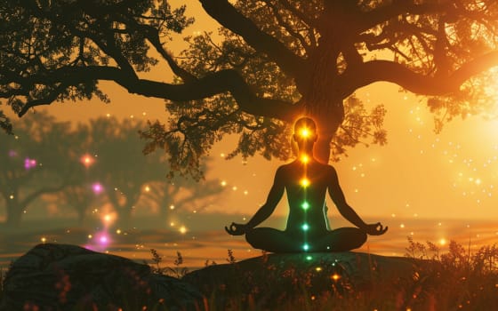 red glowing root chakra at the base of a meditating person, surrounded by roots merging with the earth, grounding energy, forest background, deep warm tones