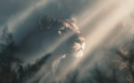 Der Kopf eines Pumas als Krafttier wird von sanften Lichtstrahlen beleuchtet