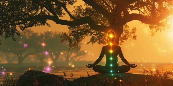 red glowing root chakra at the base of a meditating person, surrounded by roots merging with the earth, grounding energy, forest background, deep warm tones
