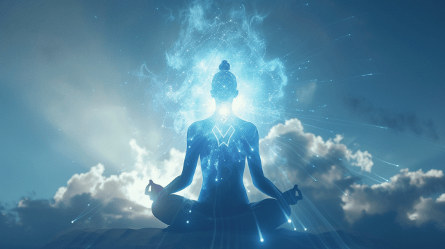 a serene meditating figure with a bright light-blue throat chakra glowing at the neck, energy radiating like sound waves, symbolizing truth and authentic expression, soft ethereal blue light, floating particles, open sky background, sacred geometry, gentle and harmonious atmosphere