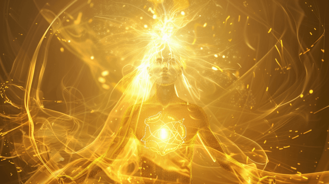 bright golden solar plexus chakra burning like a radiant sun inside abdomen, empowering energy, strong aura