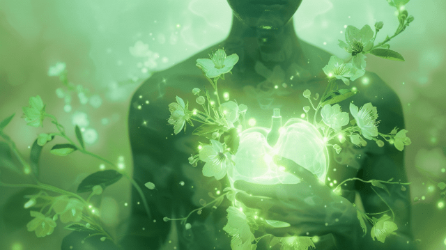 heart chakra glowing green light expanding from chest, surrounded by blooming flowers, feeling of compassion and love
