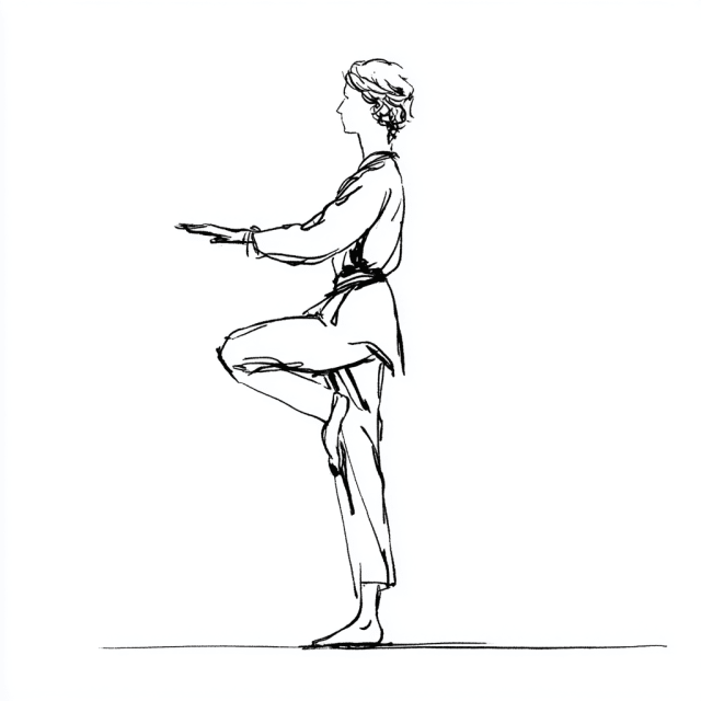 Qi Gong Stellung Kranich steht auf einem Bein