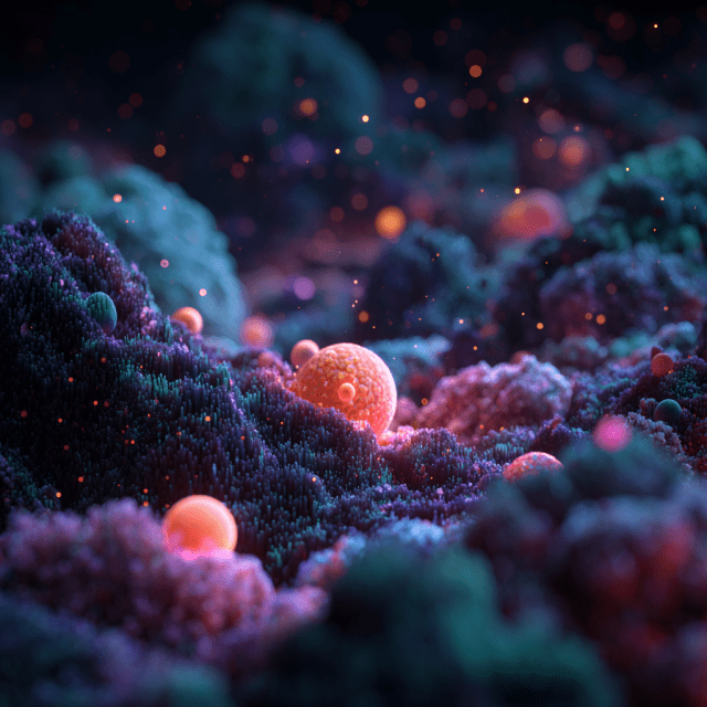 microscopic cellular landscape transforming through autophagy, glowing particles clearing old cells, bioluminescent colors, futuristic yet spiritual aesthetic