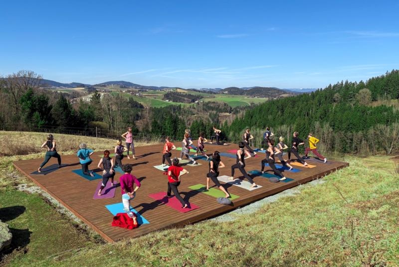 Teilnehmer des Kleebauer Yoga Festivals praktizieren Yoga in der Natur umgeben von Wiesen und Hügeln