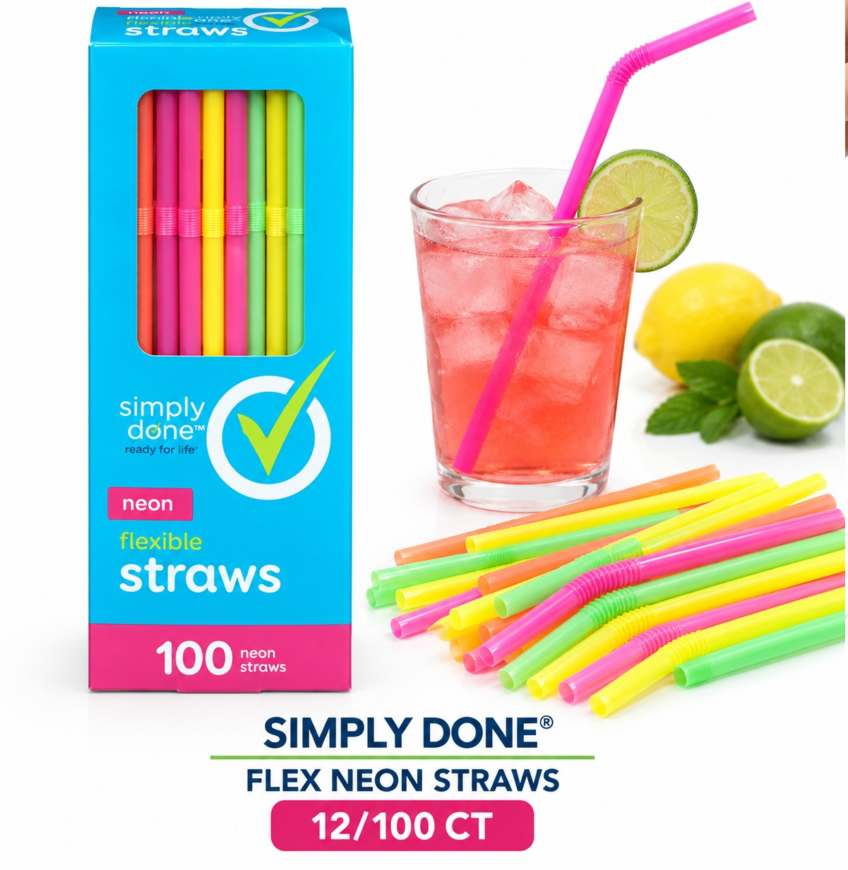 SIMPLY DONE FLEX NEON STRAWS 12/100CT