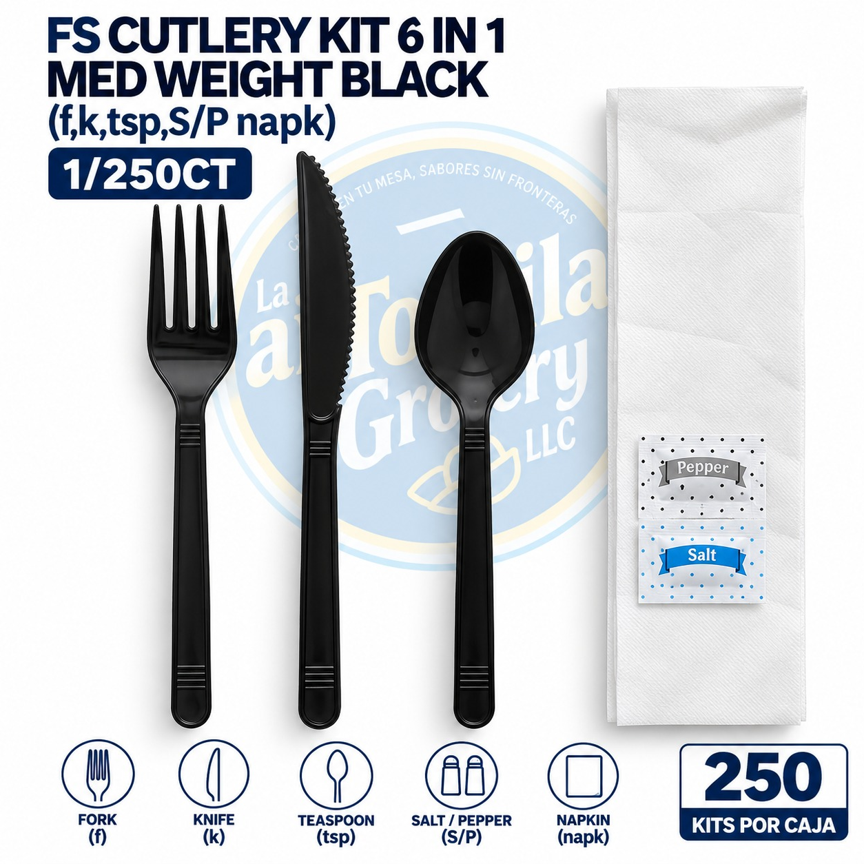 FS CUTLERY KIT 6 IN 1 MED WEIGHT BLACK (f,k,tsp,S/P napk)1/250CT