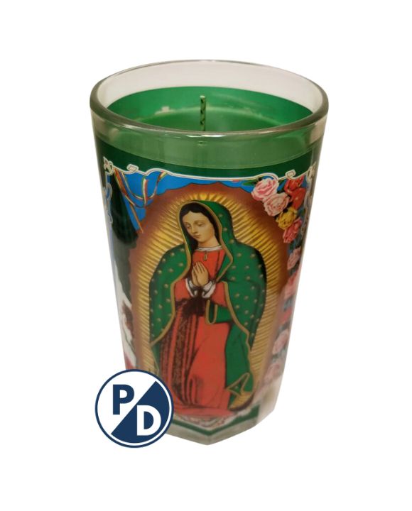 CANDLE CRISTAL  VIRGEN GUADALUPE GREEN 12CT