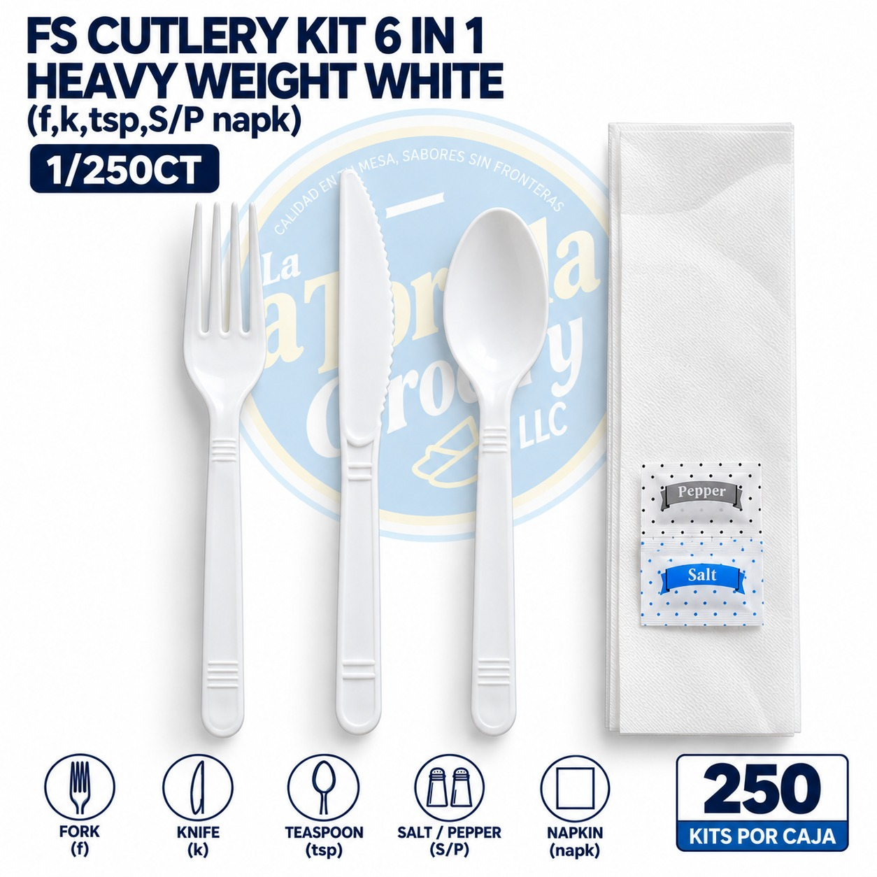 FS CUTLERY KIT 6 IN 1 HEAVY WEIGHT WHITE (f,k,tsp,S/P napk)1/250CT