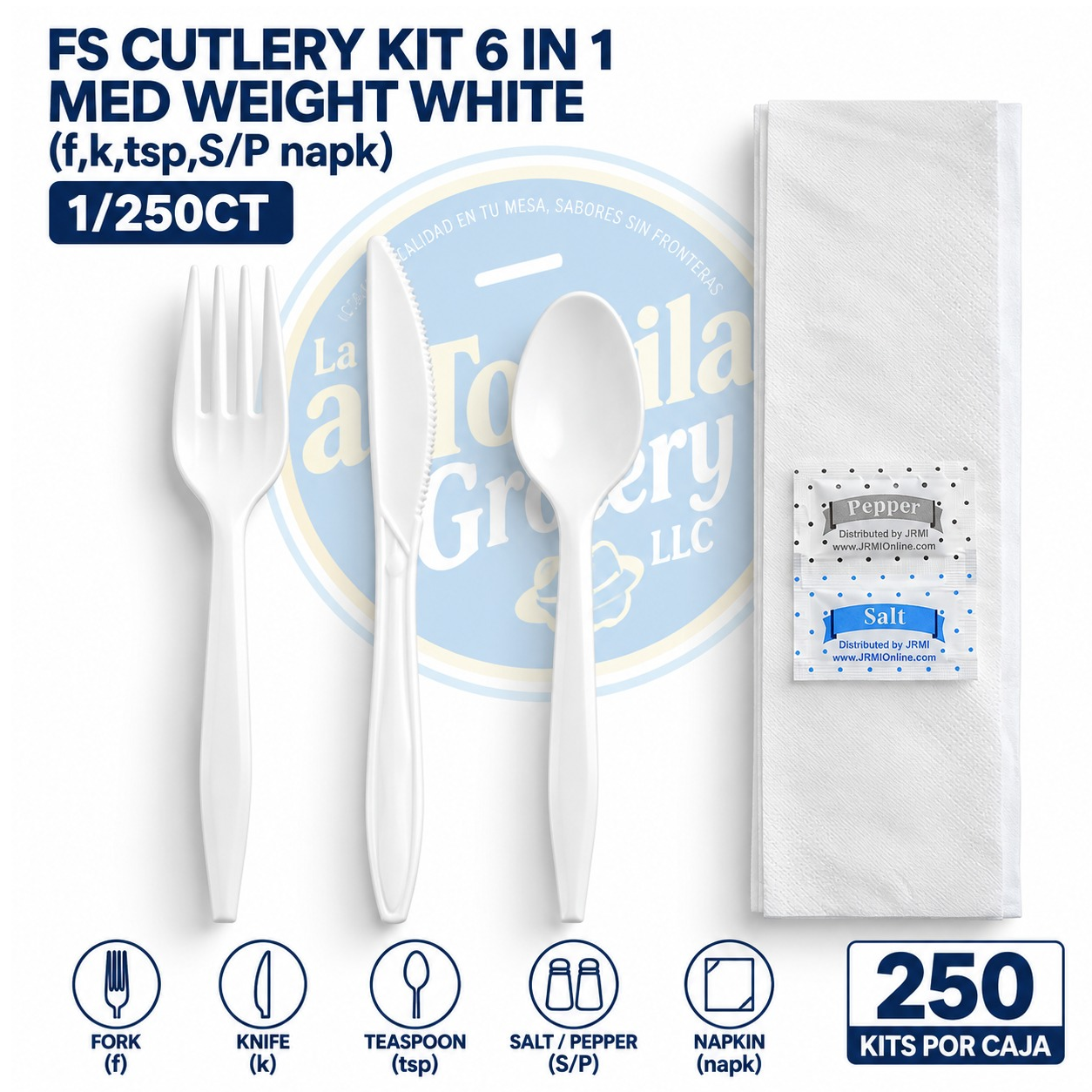 FS CUTLERY KIT 6 IN 1 MED WEIGHT WHITE (f,k,tsp,S/P napk)1/250CT
