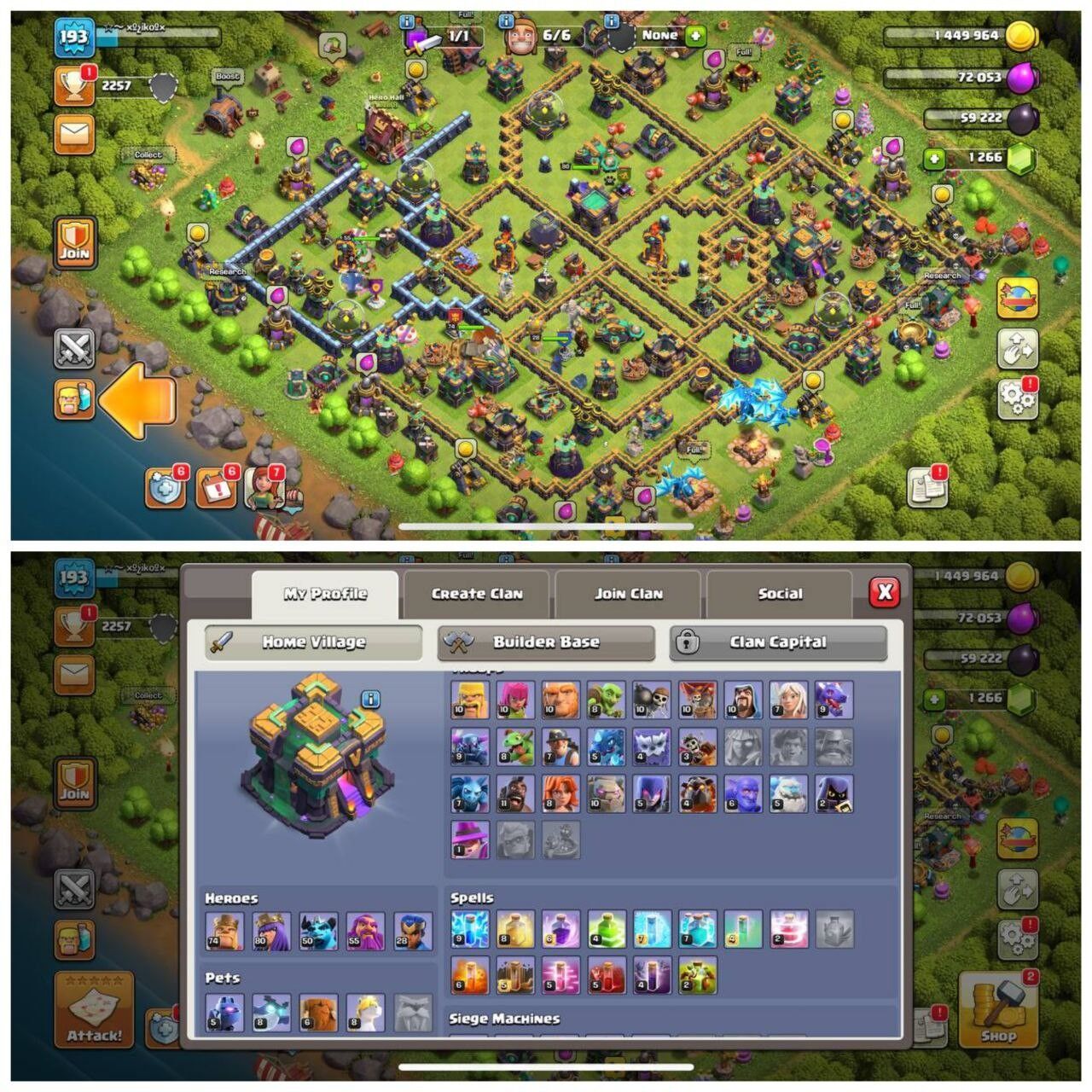 {CRAZY ACCOUNT} TH14 NEAR MAX⚡️XP- 193⚡️2 EPIC EQUIPMENTS⚡️HERO 74-80-50-55-28⚡️NEAR MAX WALLS ⚡️3 SKINS ⚡️ 296 CWL MEDALS⚡️ OP LAB ⚡️🚚