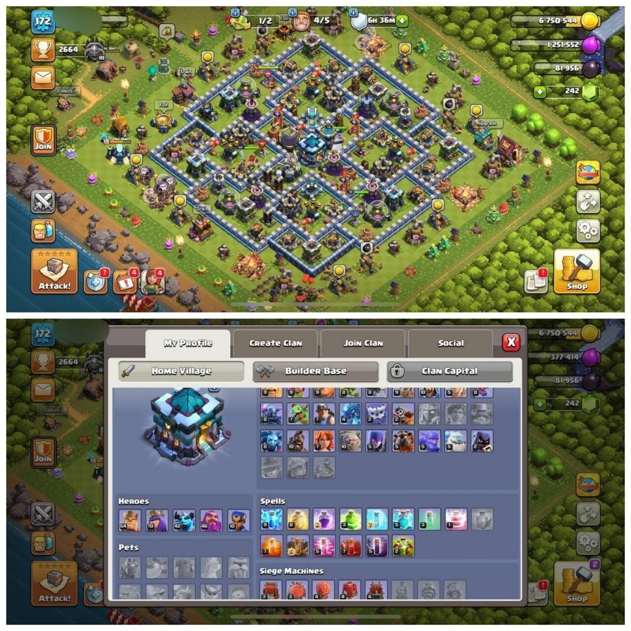 {CRAZY ACCOUNT} TH13 SEMI MAX⚡️XP- 172⚡️HERO 64-70-42-46-10⚡️BLUE WALLS⚡️HEROES SKINS⚡️MAGIC ITEMS⚡️OP LAB