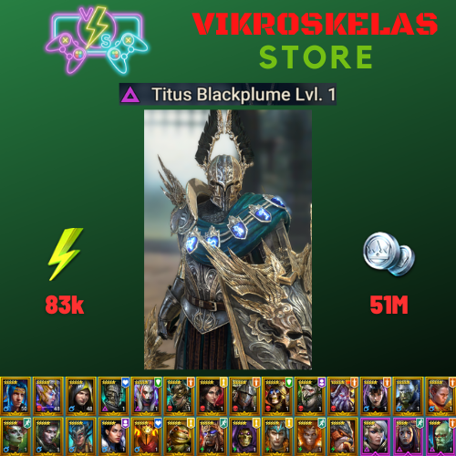 Starter acc with Titus : 83k energy / 51 mln coins / Candraphon, Morrigaine, Lord Champfort, Arix, Ninja + 18 Login Legendaries