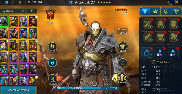 Level 18 Artak Level 27 3 Legendaries 354 Mystery Shards 33M Silver