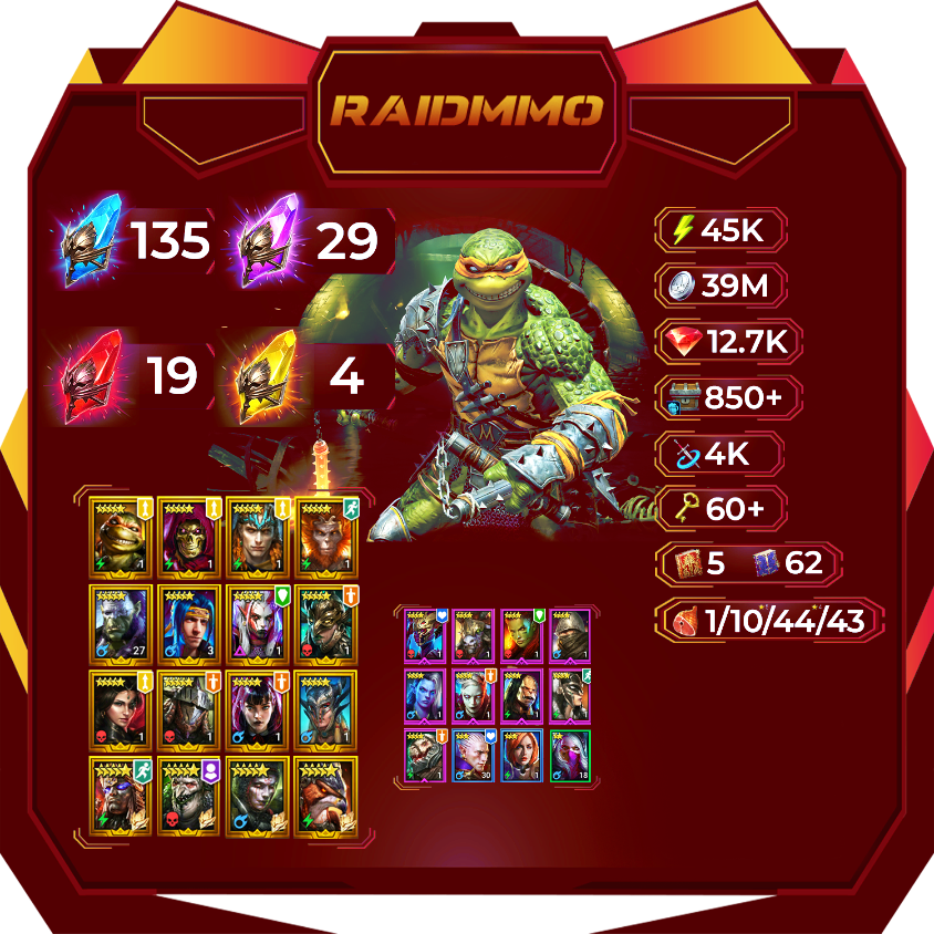 LOTS OF SHARDS 140 Ancient 30 Void 20 Primal 4 Sacred 13000 Gems 45000 Energy 38M Silver MICHELANGELO NINJA ALICE LOKI SKELETOR SHARD STARTER