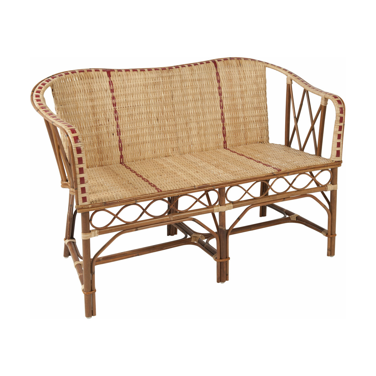 Canapé 2 places structure en rotin naturel filets en résine rouge 80 x 120 x 61 Bagat