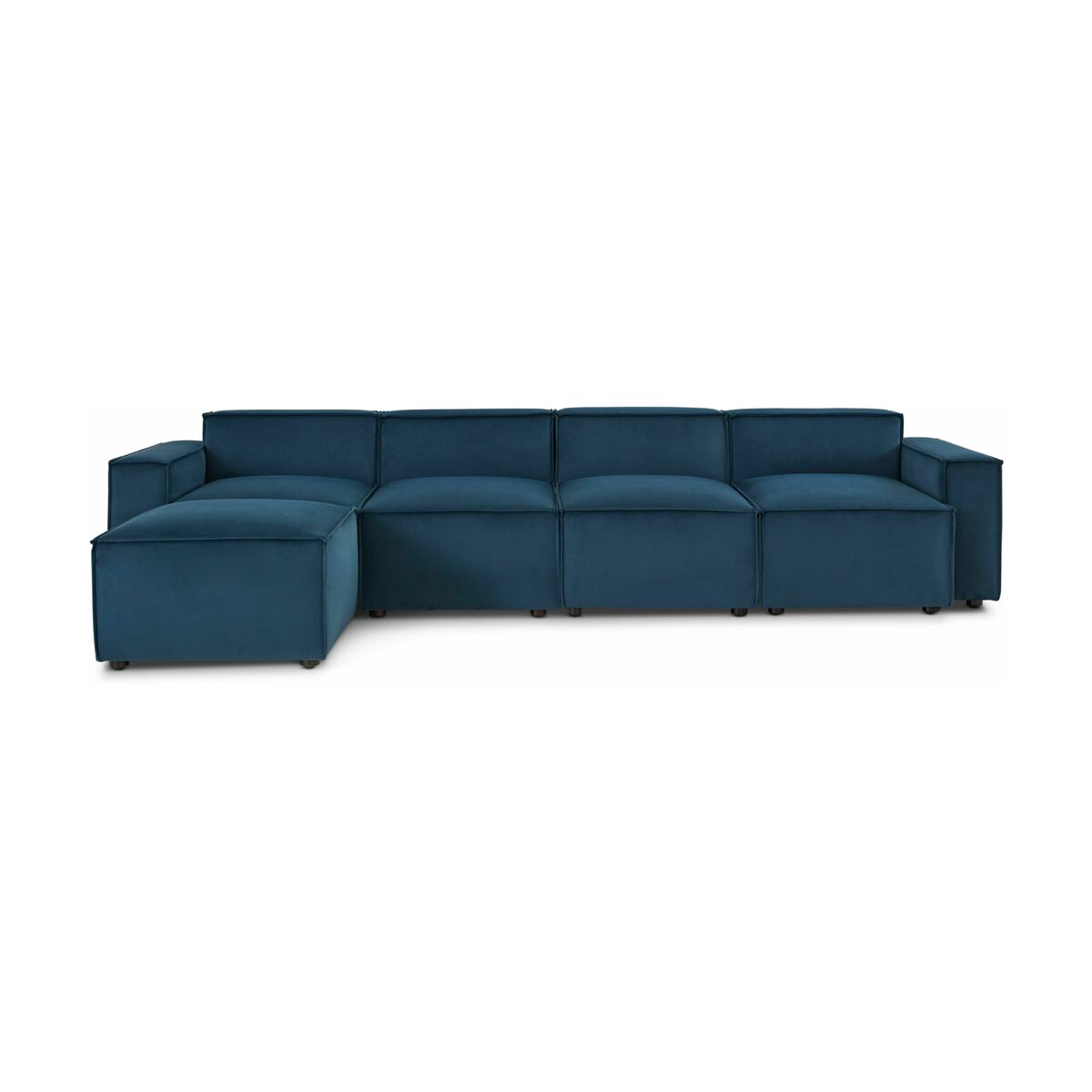 Canapé 4 places et pouf méridienne en velours bleu modèle 03
