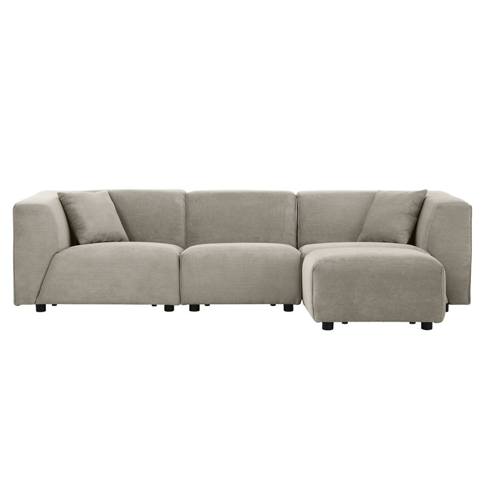 Canapé modulable 3 places + 1 pouf velours côtelé gris clair