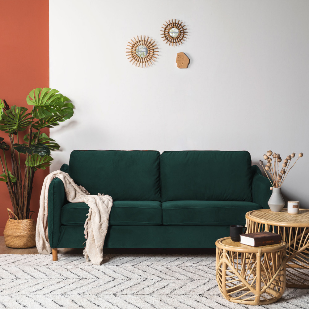 Vornay - Canapé convertible en velours vert eucalyptus - ouverture express 3 places