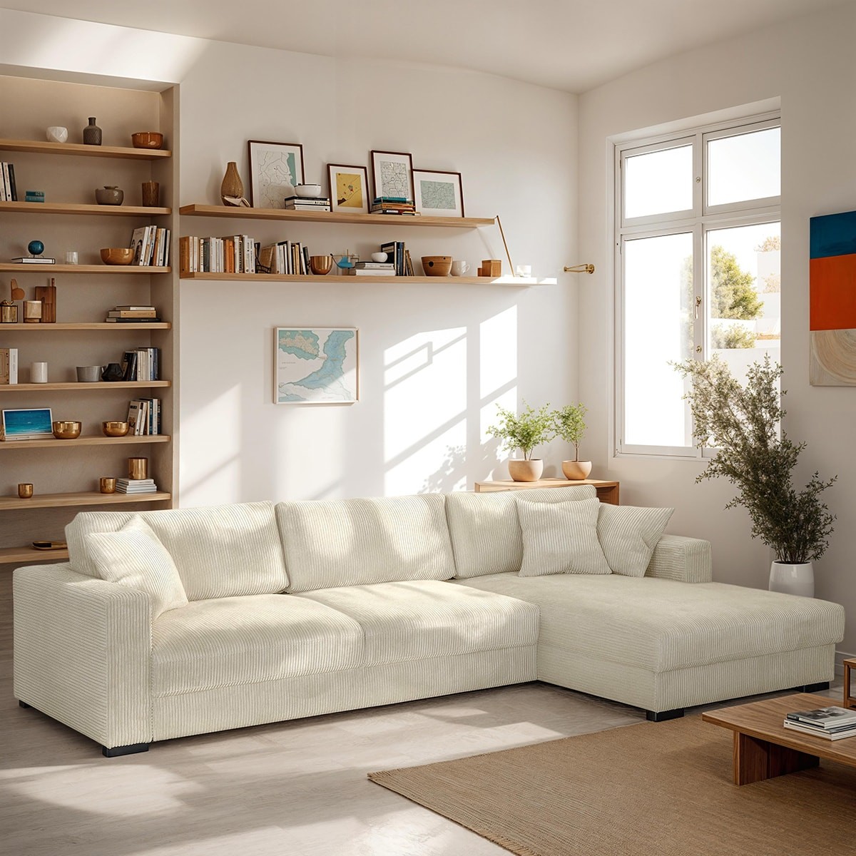 Canapé d'angle droit convertible 5 places côtelé beige avec coffre