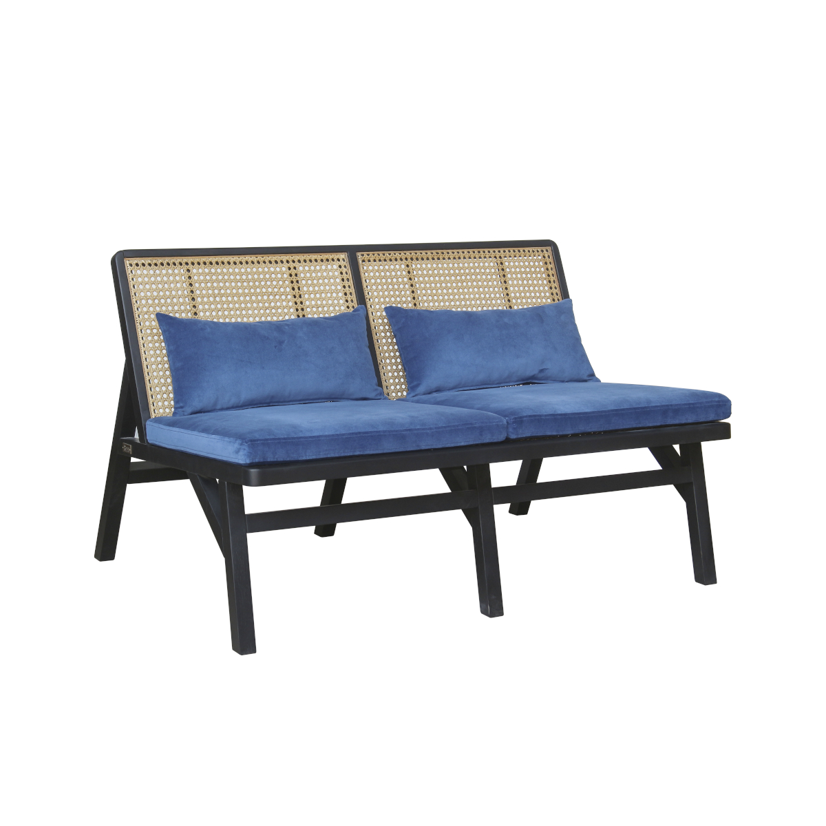 Banquette en cannage chêne laquï¿½ noir et velours bleu