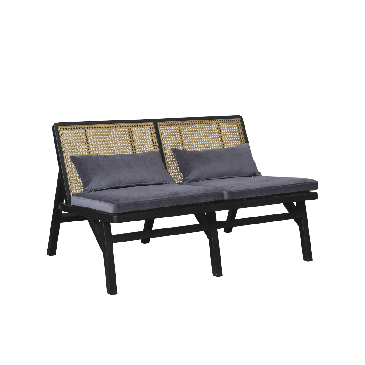 Banquette en cannage chêne laquï¿½ noir et velours gris loup