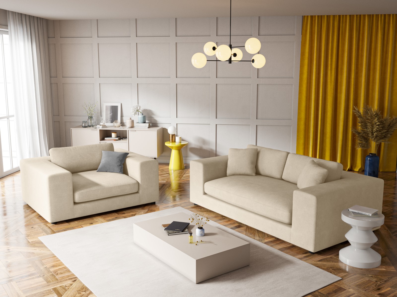 Canapé 3 places en tissu structuré beige clair