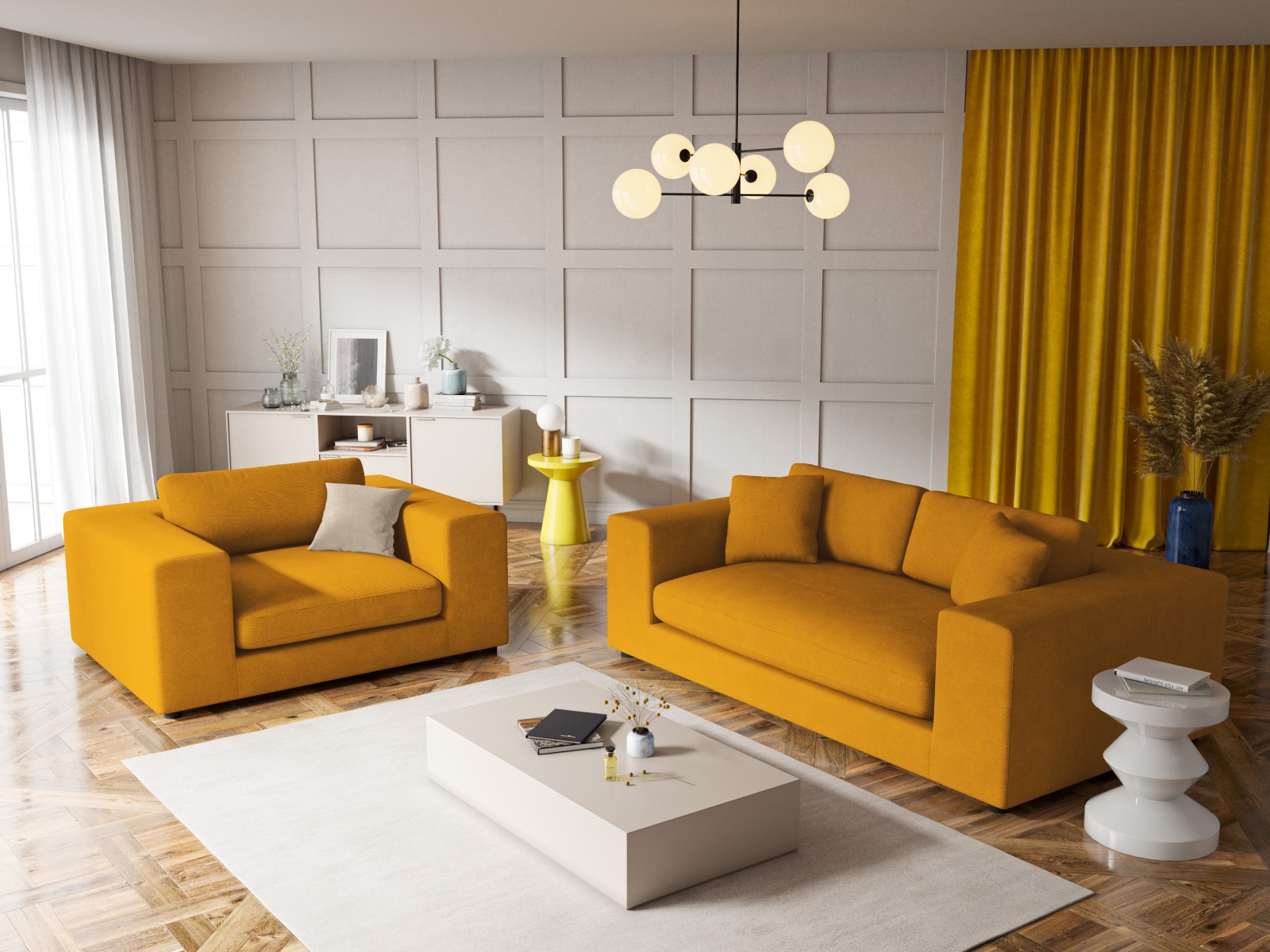 Canapé 3 places en tissu structuré jaune