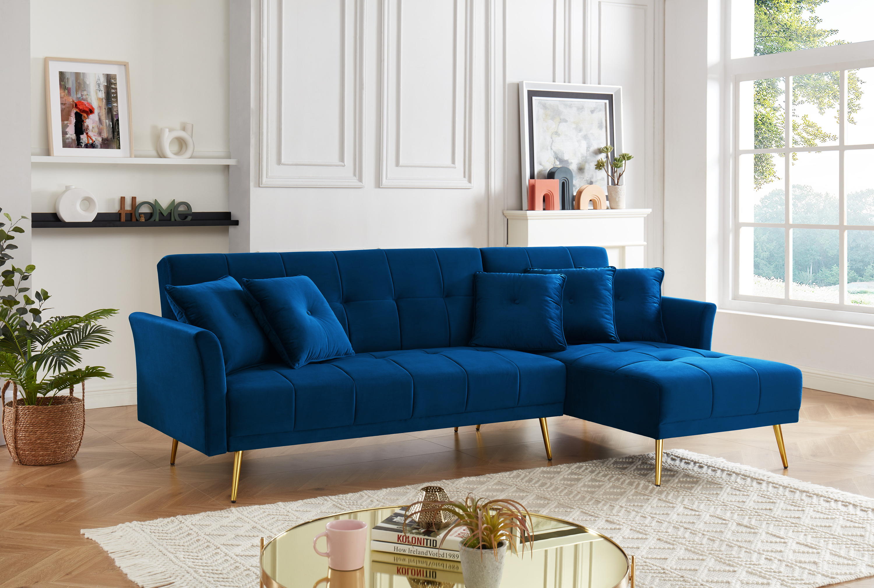 AROMA - Canapé d'angle convertible en velours 5 places bleu