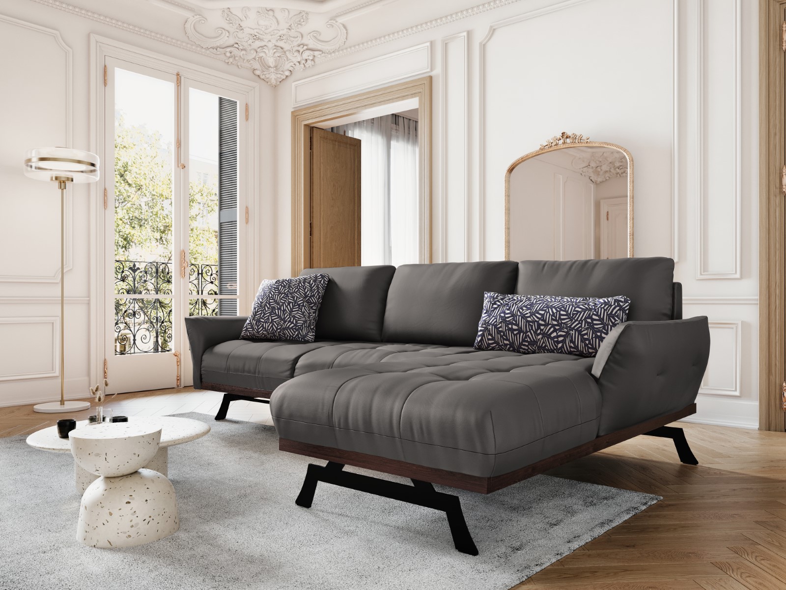 Canapé d'angle 4 places en cuir cuir gris foncé