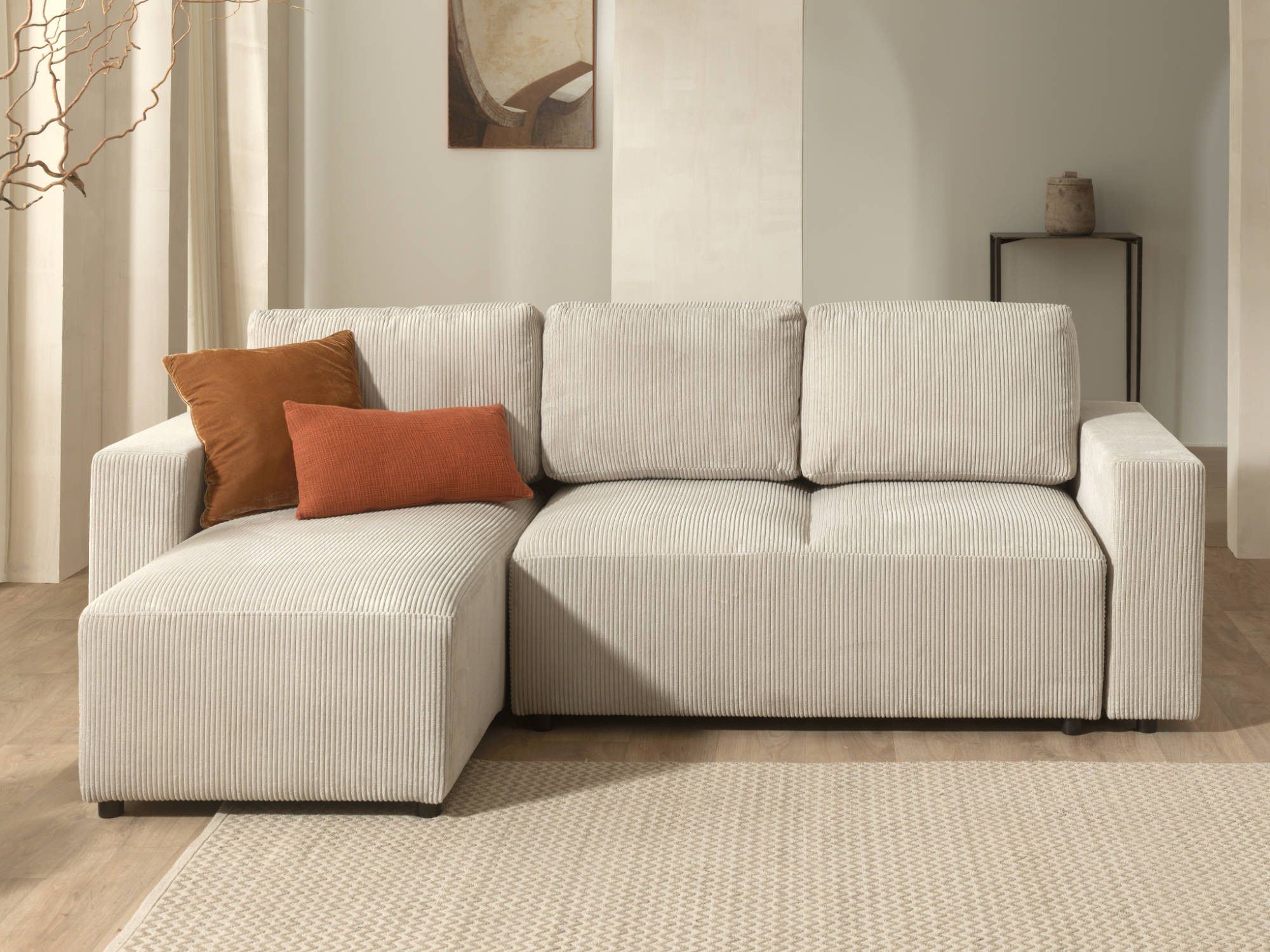 Livy - Canapé d'angle gauche convertible 4 places Velours côtelé Beige