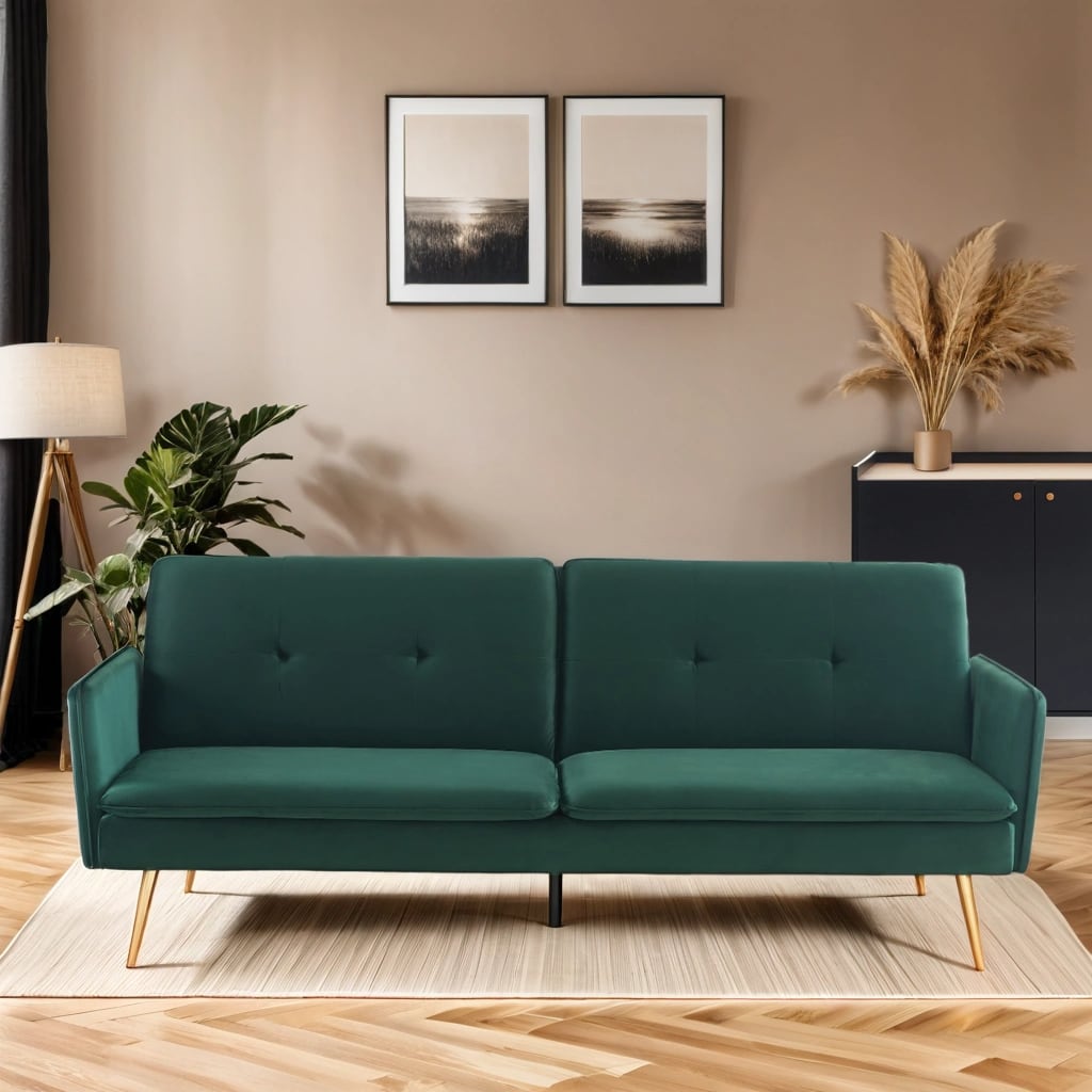 ADAM - Canapé droit convertible en velours 3 places vert foncé