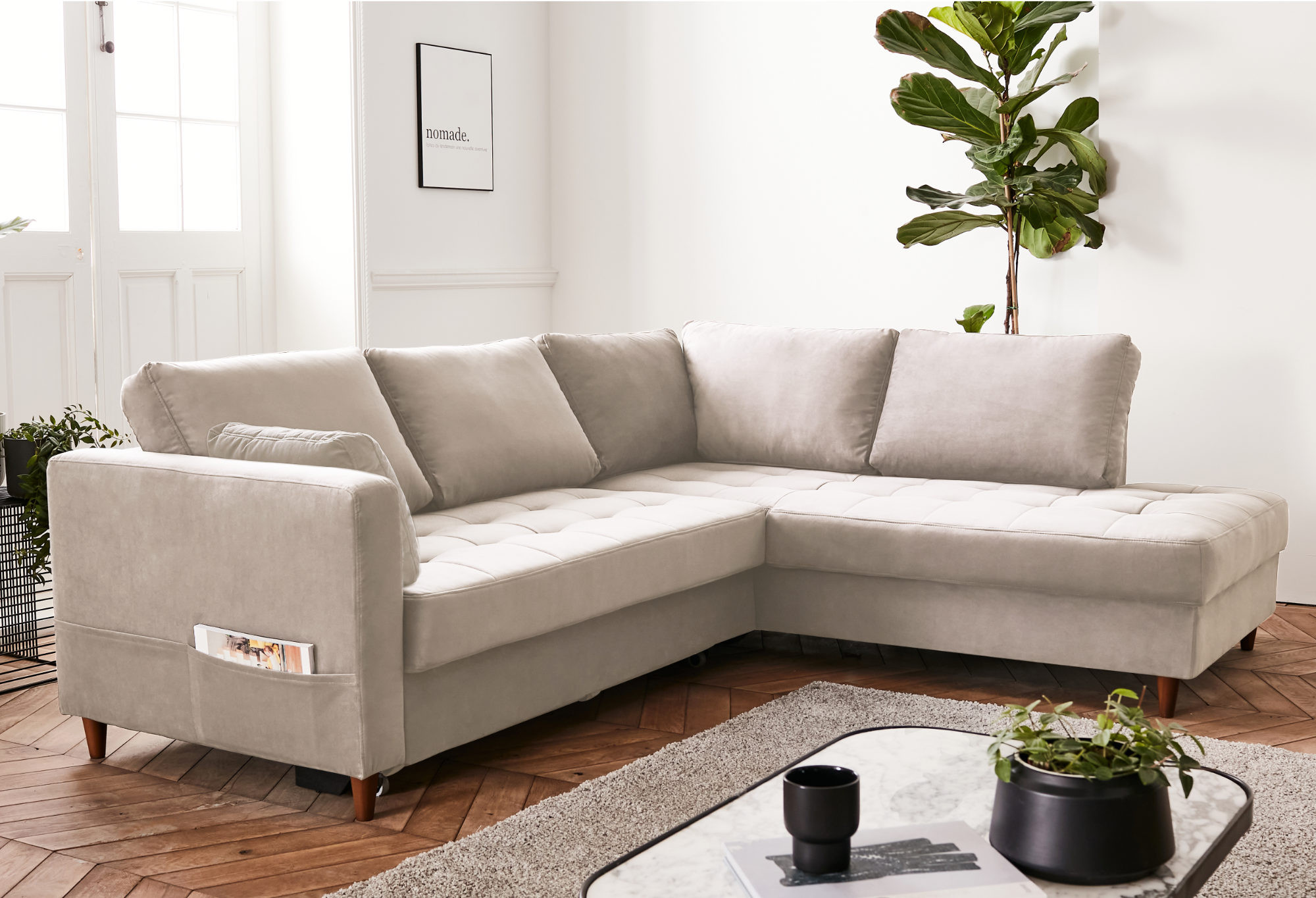 Anna - Canapé d'angle droit convertible 5 places Velours Beige