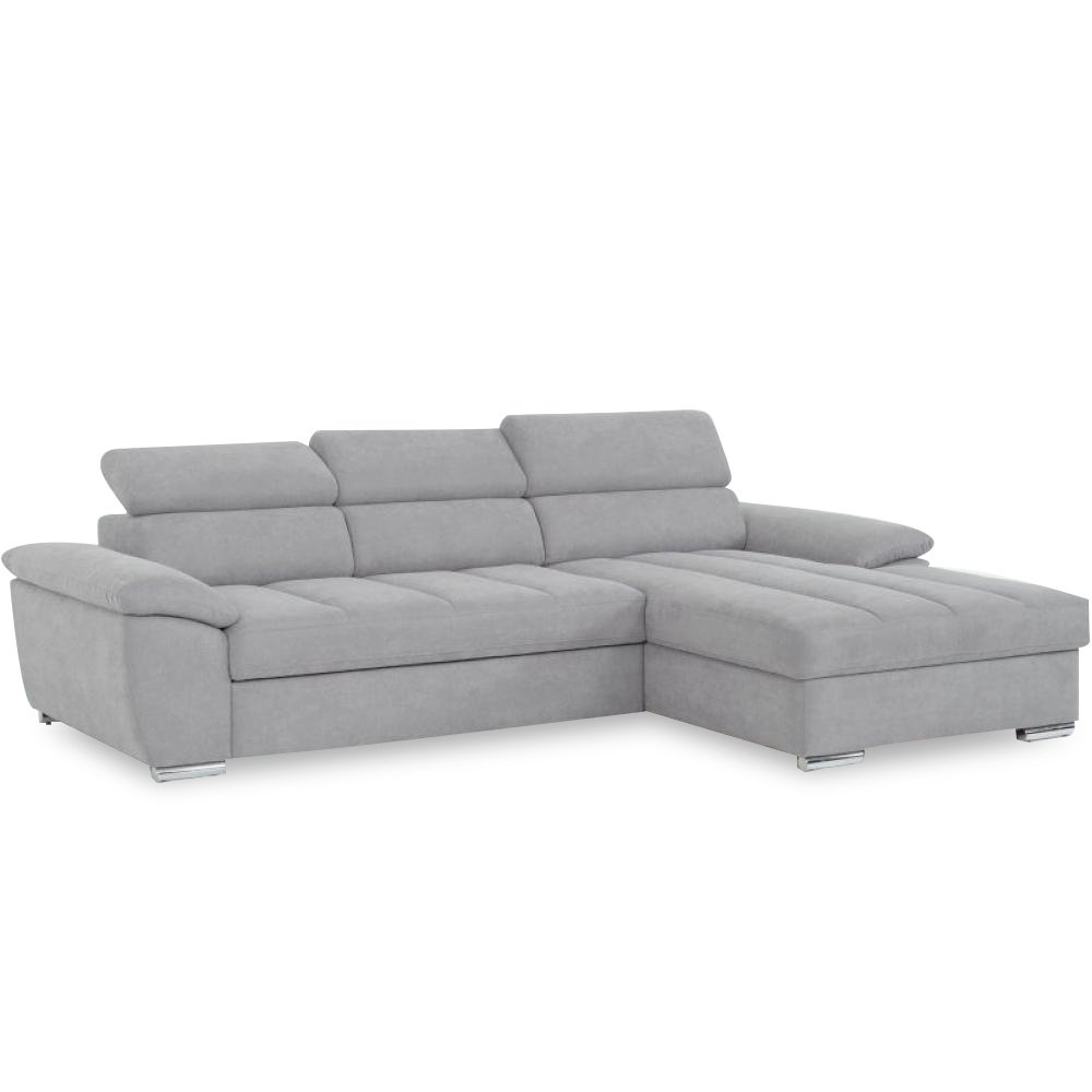 Canapé d'angle droite convertible avec Méridienne coffre KID tissu gris clair